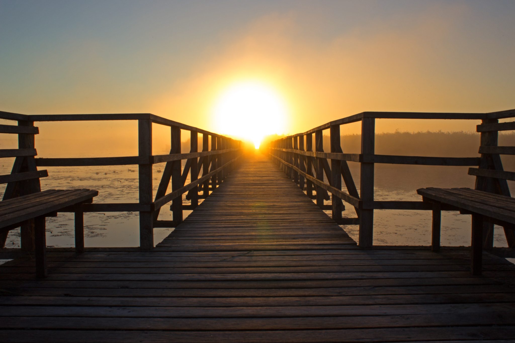 A bridge heading towards a sunset