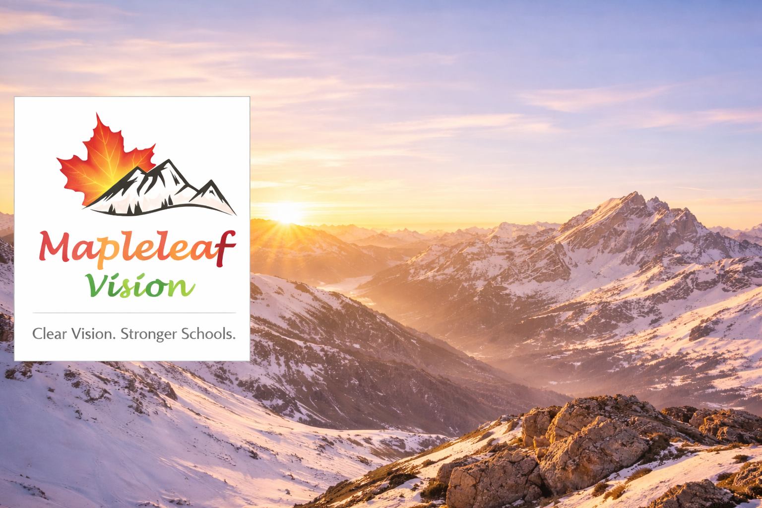 Sunrise over mountain range with company logo