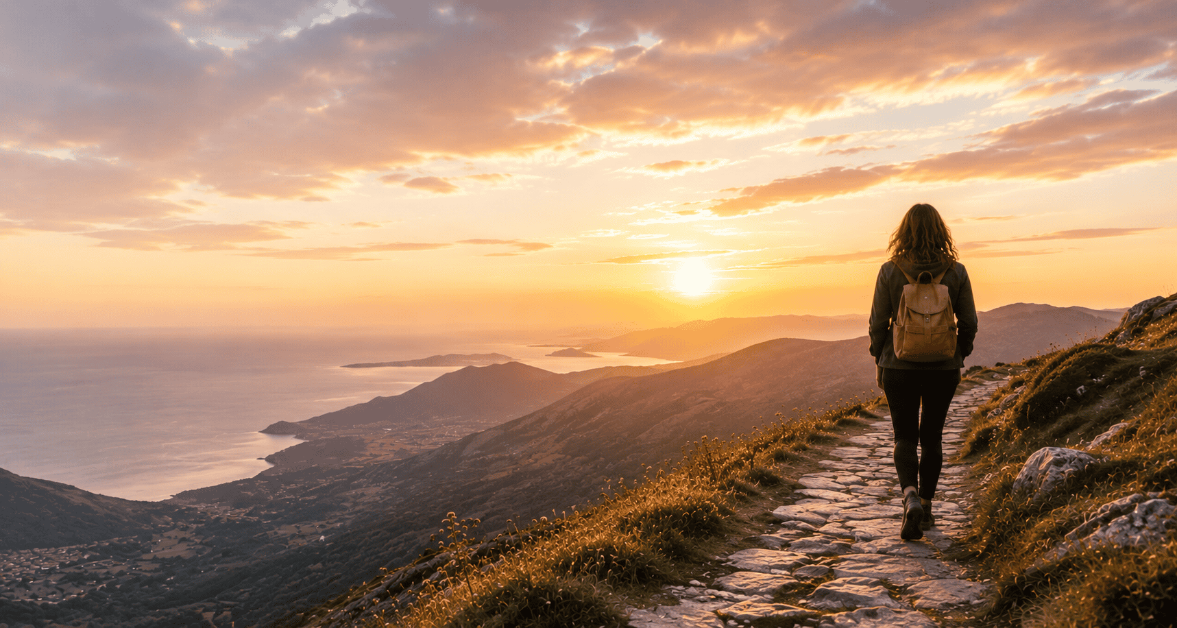 A woman walking along a sunlit coastal path