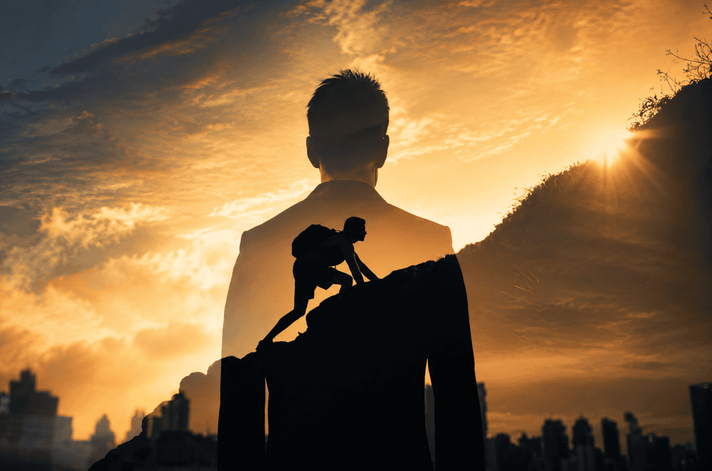 Man climbing up a mountain - faded image of man in business suit overlaid against the light