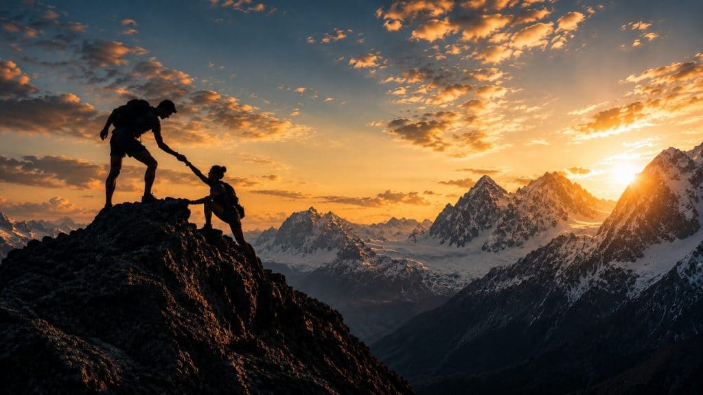 Man helps a woman to the top of a mountain